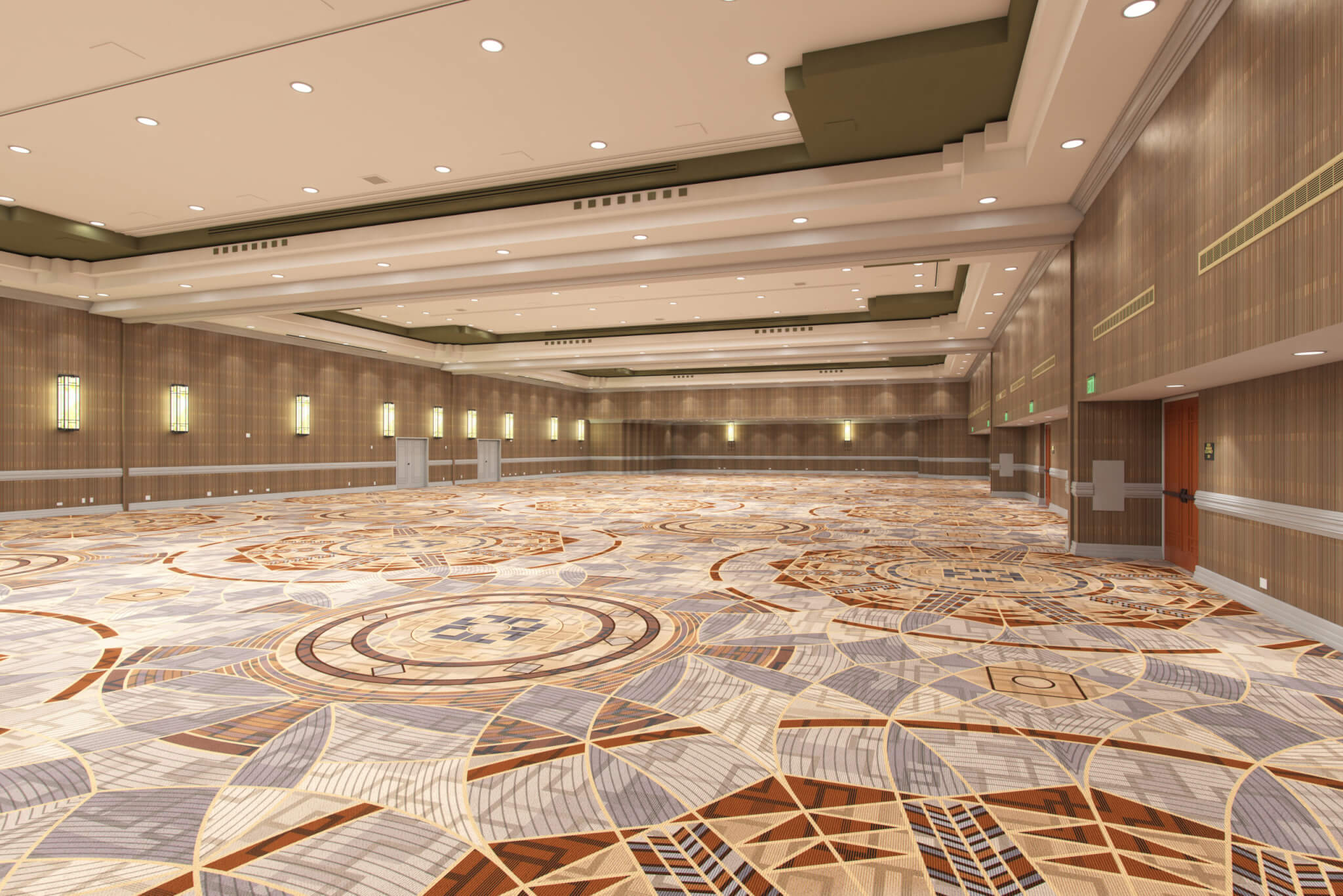 A spacious, elegant banquet hall with intricate carpet designs featuring geometric patterns in shades of beige, brown, and gray. Perfect for meetings, the room is well-lit with recessed ceiling lights and wall sconces. The walls are paneled in wood, and there are multiple doors along the sides.