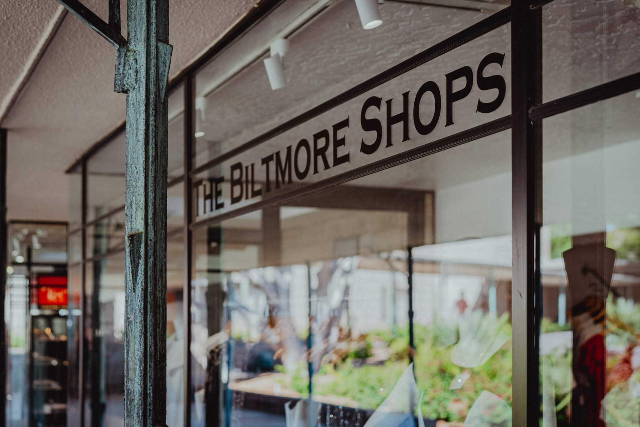 A glass storefront displays the sign "The Biltmore Shops." The interior is brightly lit, and outdoor greenery is reflected in the windows. The scene suggests a modern, upscale retail environment.