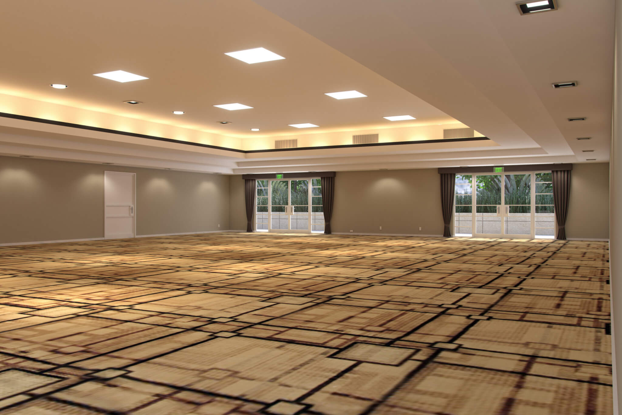 A spacious, empty room with patterned carpet and light beige walls. The ceiling has recessed lighting and square ceiling lights. Large windows with dark curtains line one wall, showing a glimpse of greenery outside. The room has a modern, minimalist design.