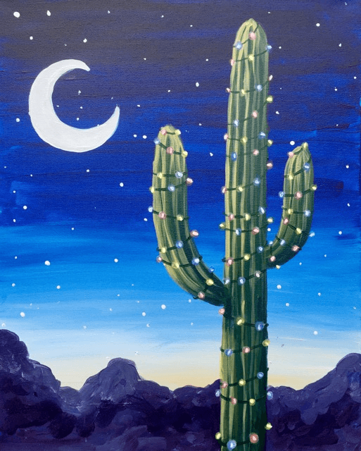 A tall cactus decorated with colorful string lights stands in front of a starry night sky with a crescent moon and dark mountains in the background.