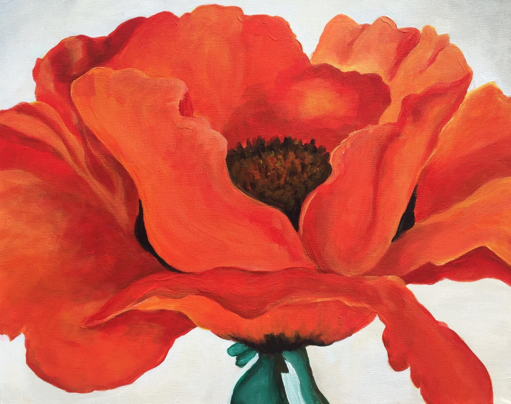 A close-up painting of a large, vibrant orange poppy flower with delicate, ruffled petals and a dark, textured center, set against a light background.