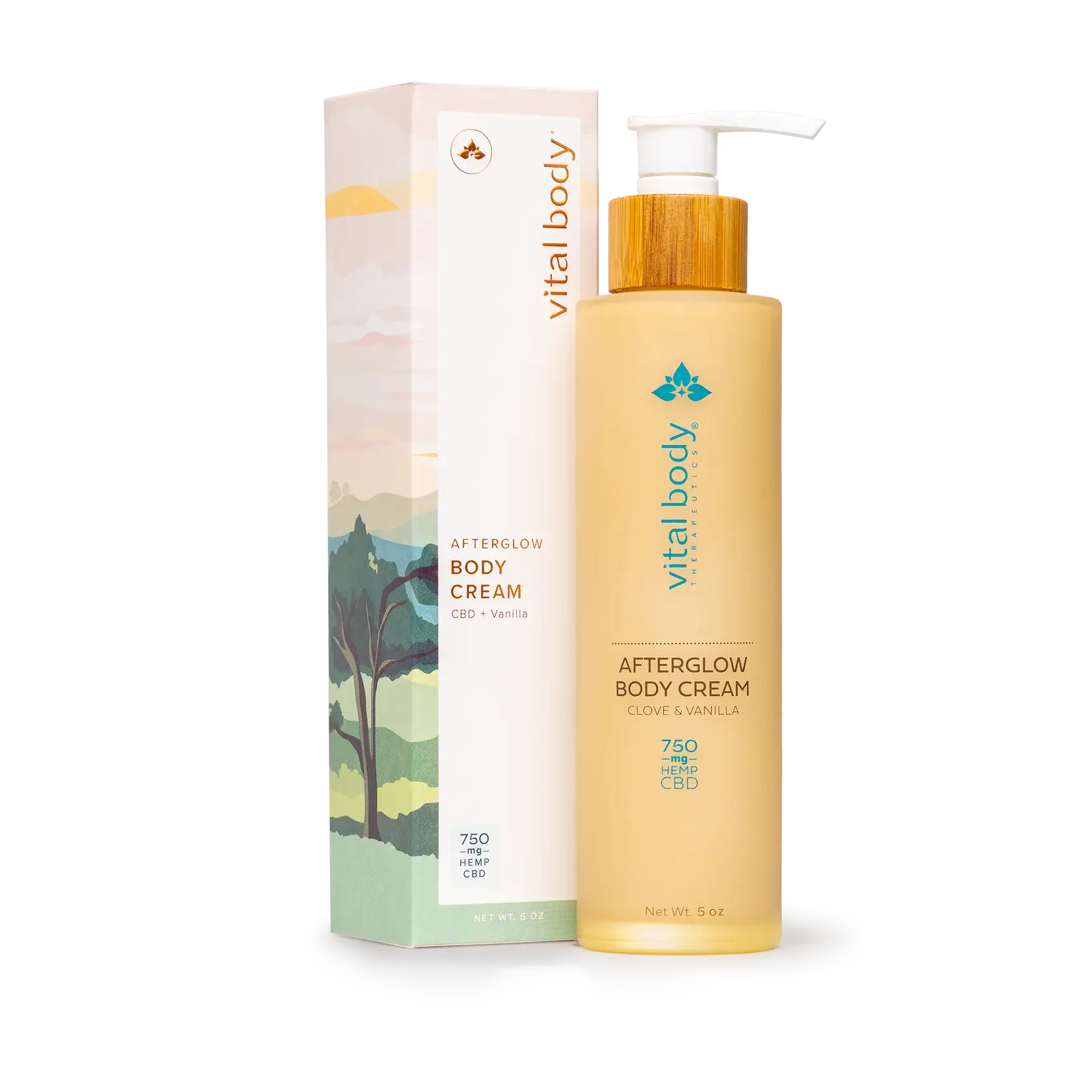 A bottle of Vital Body Afterglow Body Cream with CBD and vanilla stands next to its matching box, featuring colorful nature-themed artwork—a perfect addition to your daily wellness tips routine.