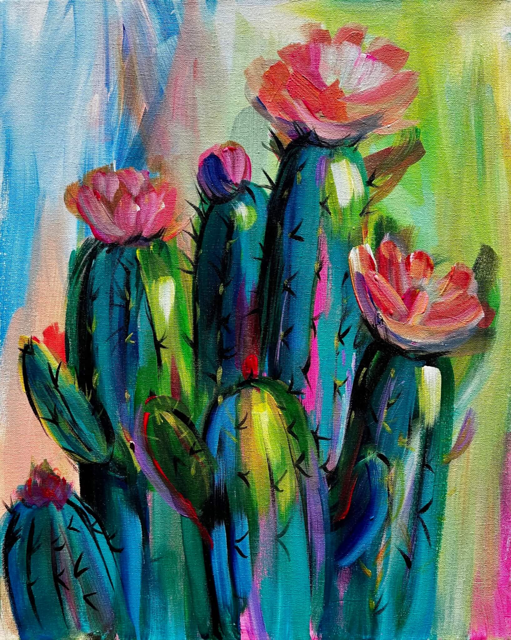 Colorful painting of tall green cacti with pink flowers, set against a vibrant, abstract background in blue, yellow, and green tones.