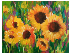 A vibrant painting of sunflowers with bright yellow petals and dark centers, set against a colorful green and purple background.
