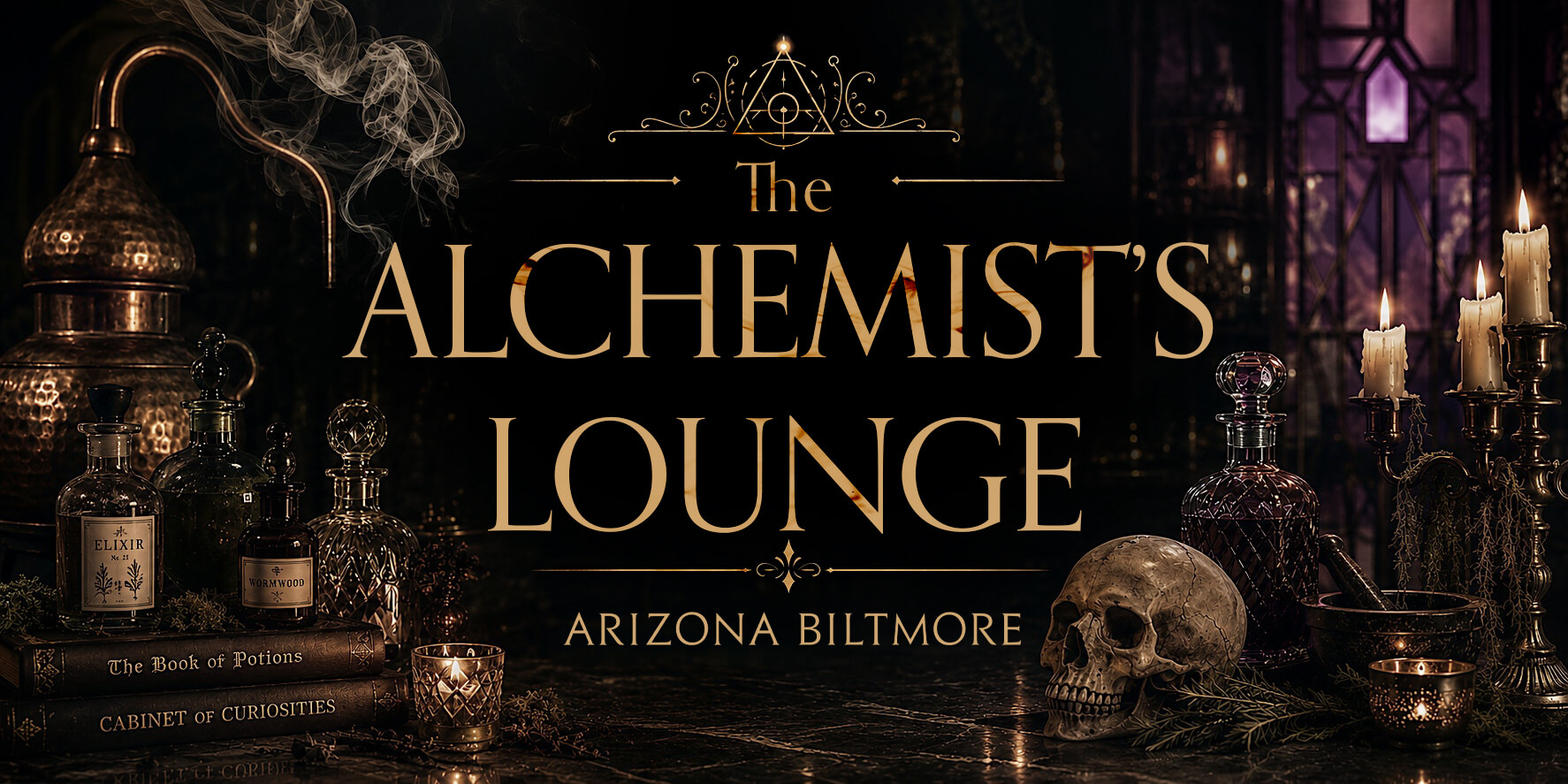 A dimly lit table with potion bottles, a skull, candles, and ornate books sets the scene for a mysterious gathering, while elegant gold lettering reads “The Alchemist’s Lounge Arizona Biltmore” — evoking the timeless charm of a Kentucky Derby evening.