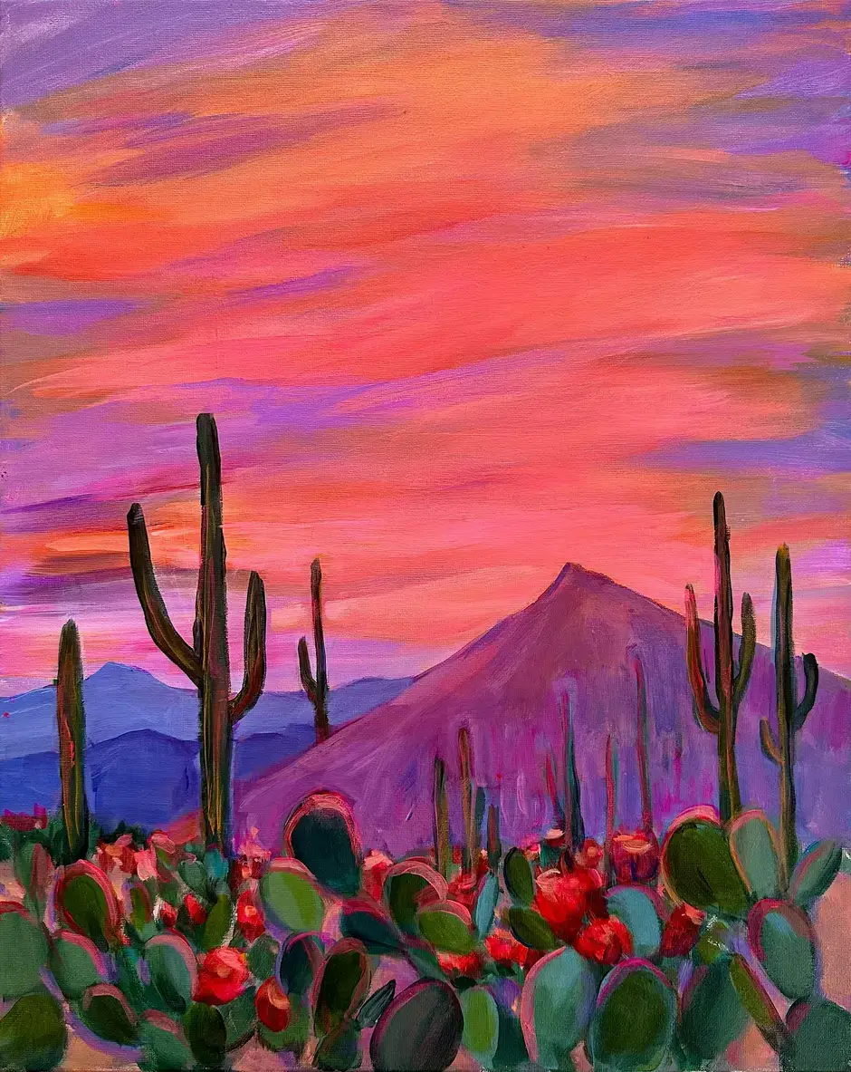 A desert landscape painting featuring saguaro cacti and blooming prickly pear cacti against a vibrant purple and orange sunset sky with a distant mountain.