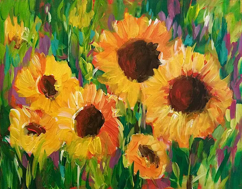 An impressionistic oil painting of five bright yellow sunflowers with dark centers against a background of green and purple brushstrokes.